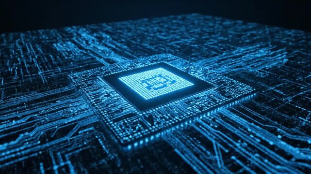 Vibrant blue light illuminates a central processing unit, symbolizing advanced AI, big data analysis, and the future of digital connectivity and electronic innovation