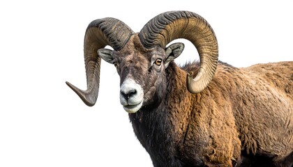 Ram with large curled horns, facing forward against a plain white background, with fur detailing its body