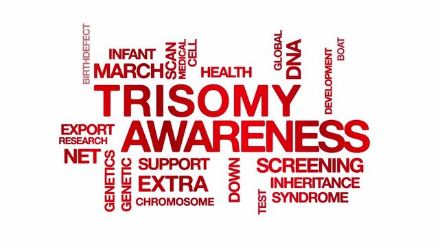 Trisomy awareness concept Animated Tag Word Cloud kinetic typography, Text Design Animation typography seamless loop video motion graphics Intro Wordart down syndrome red type on white background bg b