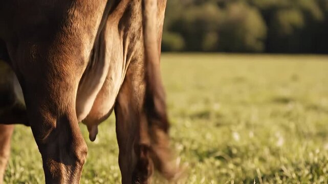 Closeup of a brown cows udder and tail swishing in a grassy field.
