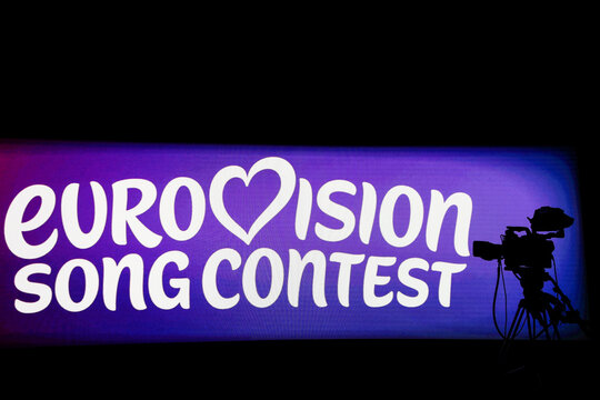 Eurovision song contest logo on a screen during the Romanian finals.