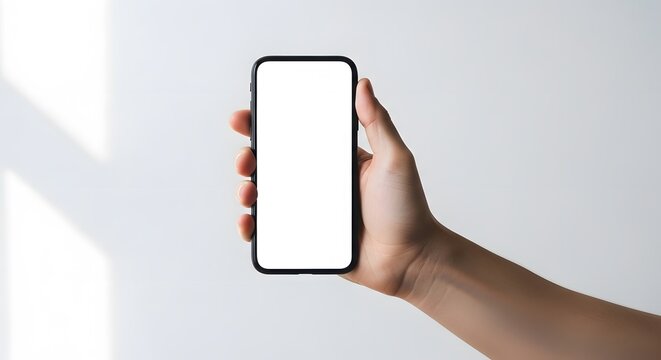 A hand holding a smartphone with a blank white screen