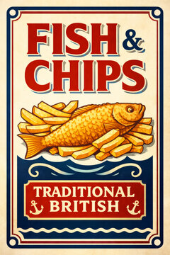 Traditional British Fish and Chips Vintage Poster