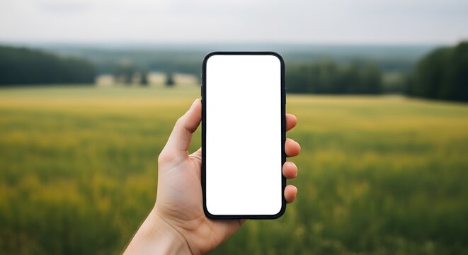 Smartphone in a serene natural landscape with a blank screen
