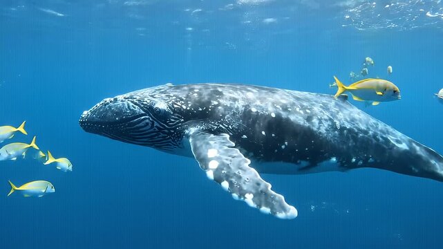 Whale Shark Swimming with Fish Underwater Ocean.