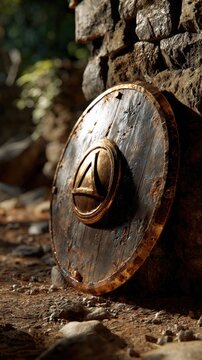 Weathered Spartan Shield Leaning On Stone Wall