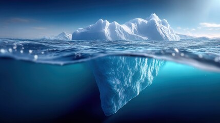 Obraz premium Majestic iceberg floating in the ocean, with underwater view showing its vast submerged mass