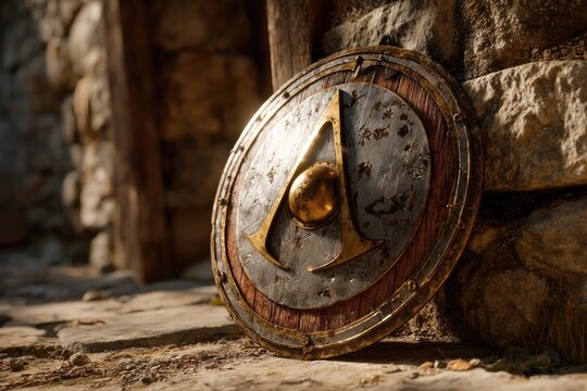 Round shield with the Lambda emblem leaning against a stone wall weathered wood and metal edges show wear