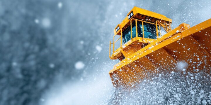 Heavy yellow snow plow clearing road during a blizzard with snow flying everywhere