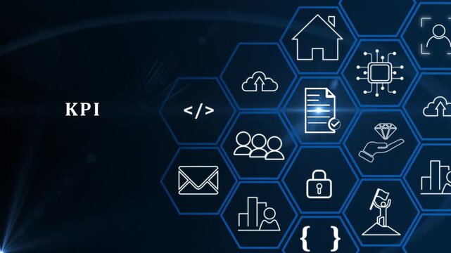 KPI concept. Key Performance Indicator using business intelligence metrics to measure achievement versus planned target. Touching on "KPI" abbreviation surrounded by business goals an process icons.4k