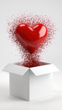 Red heart exploding out of a white box with red glitter particles flying everywhere