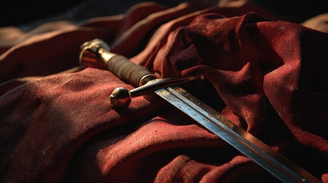 Battle Worn Xiphos Blade On Deep Red Textile