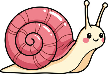 Cute cartoon snail illustration with a pink spiral shell, happy smiling face, and rosy cheeks, isolated on white background, vector © Shahanaj