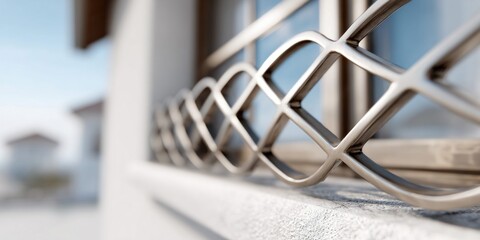 Close-up of a decorative metal security grill on a window ledge with houses in the background