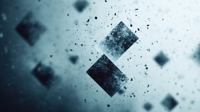 Geometric squares float in a dreamy blue abstract composition with texture and depth.