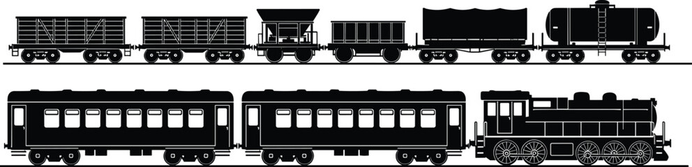 Train cars and steam locomotive silhouettes, freight and passenger railway design, transportation artwork, industrial travel illustration, cad drawing flat vector illustration © Jui Creatives