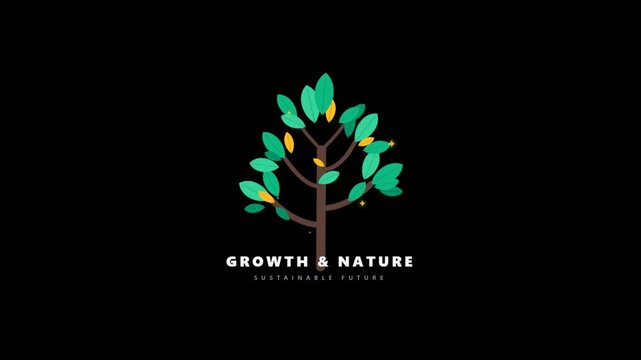 Stylized Green Tree Growth Animation: Branches & Leaves Reveal with Alpha Channel