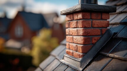 Fototapeta premium Close-up of a brick chimney on a tiled roof with houses in the background