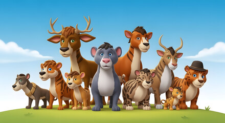 Fototapeta premium Wild Friends Unite: Cheerful Animal Gathering Safari Squad: Playful Tigers, Deer & Bear Forest Fiesta: Animated Animal Party