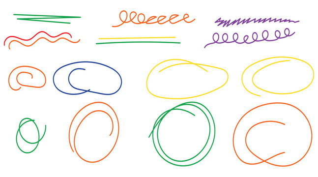 Colourful hand drawn lines squiggles and circles vector art collection provides versatile design elements for creative projects