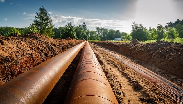 long rusty pipe running through a trench in sunlit soil with construction and trees in the background