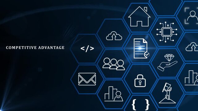 Competitive Advantage Concept. The key to business success. Working on laptop, competitive advantage with the icons of innovation, differentiation strategy, value creation, performance and achievement
