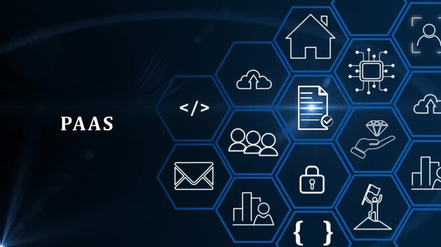 PaaS - Platform as a service. Internet technology and development concept. Cloud computing model and service. Finger about to press a button with PaaS icon on digital binary code matrix background.