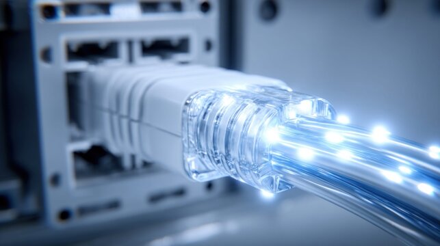 Close-up of a glowing fiber optic cable plugged into a network port with blue light