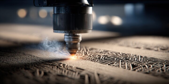 Precision laser cutting machine engraving intricate patterns onto a textured surface with glowing heat