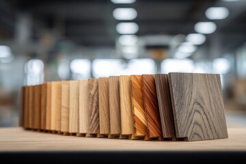 Plakat Diverse wood samples displayed in a row, showcasing various grains and colors in a workshop
