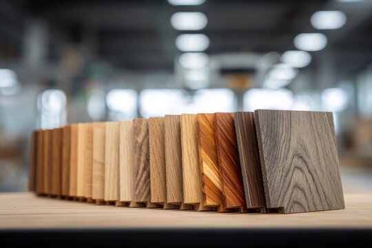 Diverse wood samples displayed in a row, showcasing various grains and colors in a workshop