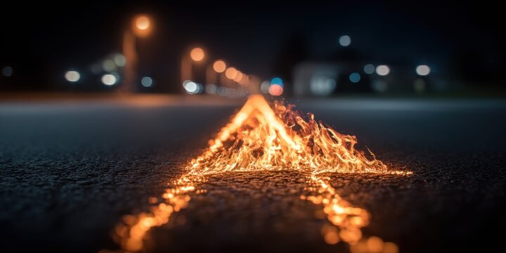 Road ahead engulfed in flames at night, symbolizing danger and challenges