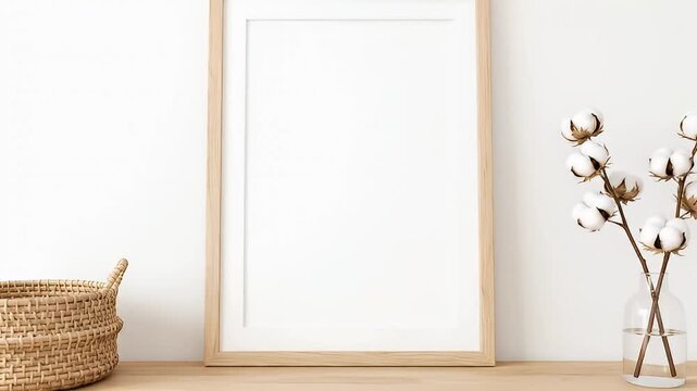 Blank Frame on Wooden Table with Decor.