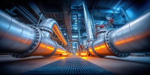 Industrial power plant interior with large metal pipes and warm orange lighting