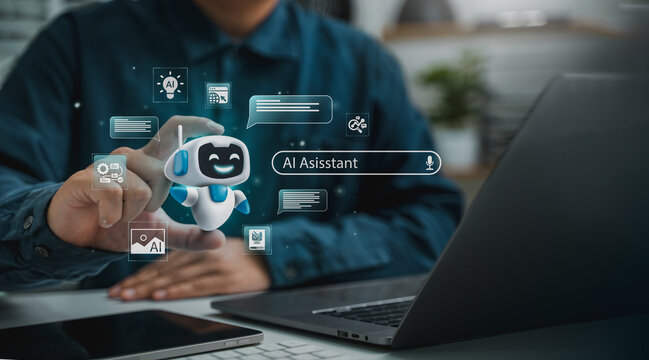 AI agent and assistant is using a laptop with cutting-edge software for visualization and content management to achieve goals, employing AI to search and gather information, analyze it.