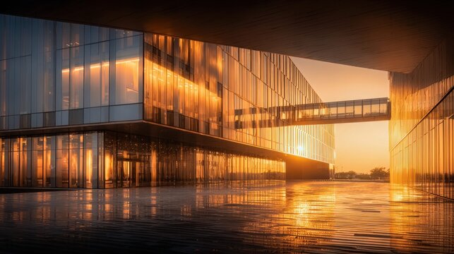 Modern glass building reflecting golden sunset light with a skybridge connecting two structures