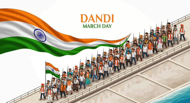 Illustration of a large group of people marching on a bridge with Indian flags, symbolizing the Dandi March Day and India's freedom struggle.