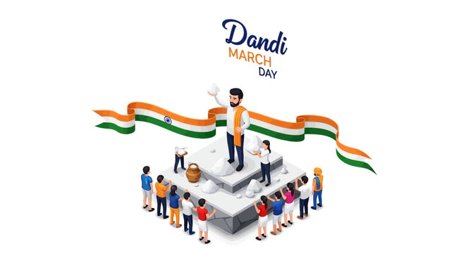 Illustration of Mahatma Gandhi leading a peaceful protest march with a crowd of people and the Indian flag on Dandi March Day.