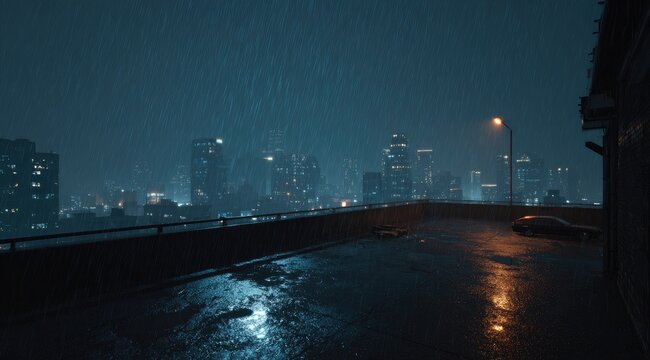 A rainy cityscape at dusk from a rooftop perspective. The rain slicks the surface, city lights glow. A car sits