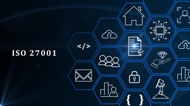 ISO 27001 concept. The international standard for information security management. Ensure the confidentiality, integrity and availability of data, systems and networks. Mitigate cyber-attacks risk.
