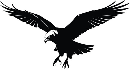 Obraz premium PrintPowerful black and white silhouette of bald eagle soaring with wings spread and talons extended, symbolizing freedom, patriotism, wildlife strength, and national emblem inspirationv