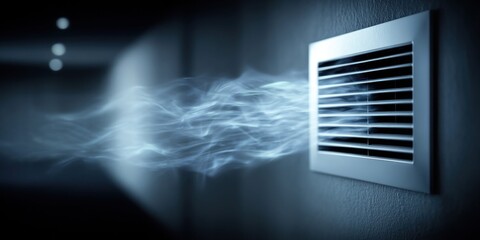 Naklejka premium Modern air vent blowing cool mist on a dark textured wall with soft lighting