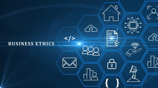 Business ethics concept. Ethical investment, sustianable development. Business integrity and moral. Businessman touching on BUSSINESS ETHICS wording on smart screening surrounded by ethical elements.