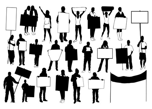 Crowd of protesters holding blank banners and signs. Black silhouette vector illustration representing demonstration, activism, rally, and social protest concept.