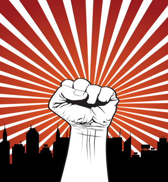 Raised fist protest symbol with red sunburst rays background. Powerful vector illustration representing revolution, resistance, activism, freedom, and social movement.
