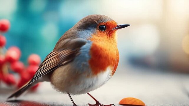 European Robin in the Sunlight: A European Robin perches gracefully, its vibrant red breast and delicate features showcased in the soft glow of sunlight.