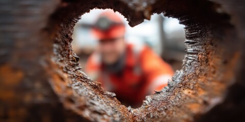 Heart-shaped rust hole reveals a worker in orange safety gear, close-up view