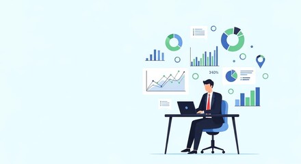 Business analyst working on laptop analyzing financial dashboard with charts and graphs. Illustration of data analysis, business intelligence, financial growth, and analytics.