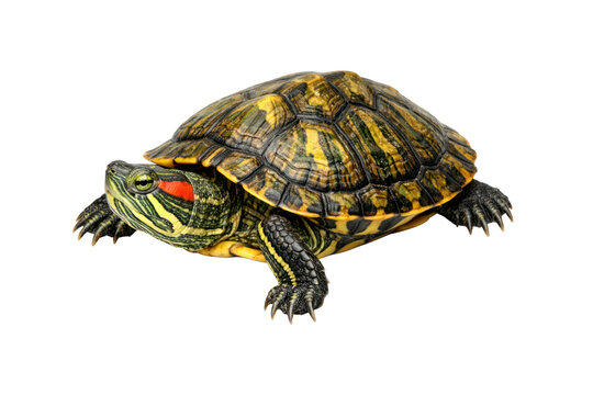 Colorful turtle with a patterned shell resting on a white background high-key lighting with cutout object