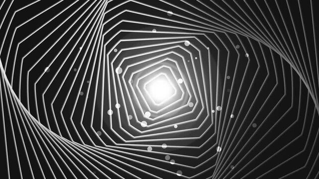 Monochrome geometric spiral tunnel background animation, Spiral of concentric polygonal lines converging toward animated